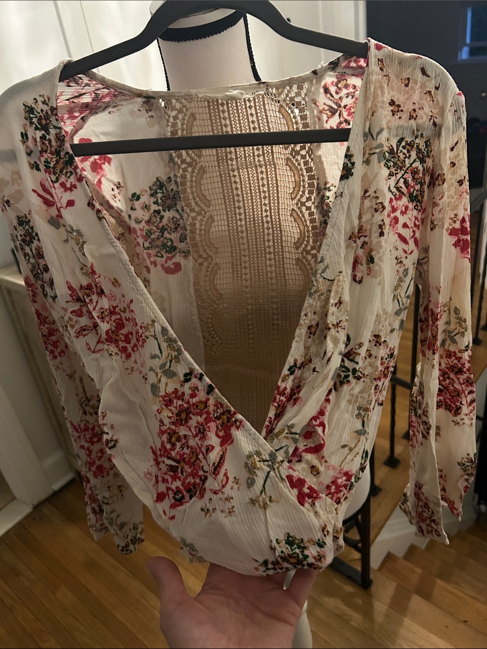lovestitch Floral Wrap Long-Sleeve Top in Cream and Pink